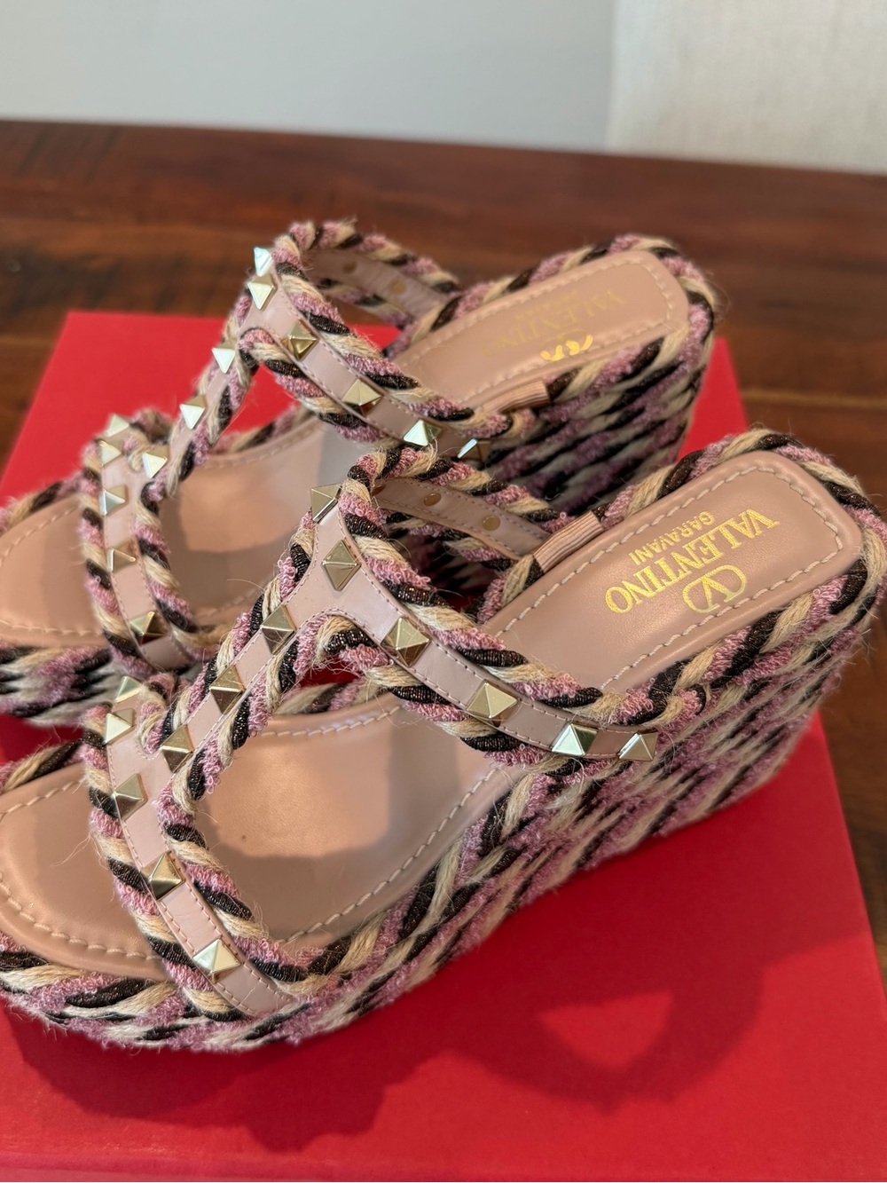 Valentino Garavani Pink and Brown Studded Wedge Sandals women's 7 (37)